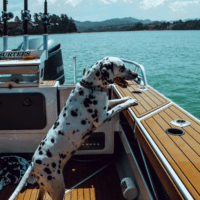 Adult Dalmatian on a boat looking at the waters