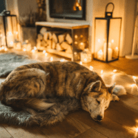 Brownish husky dog sleeping comfortable on the floor with string lights