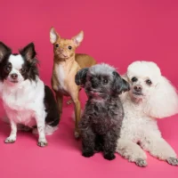 Four small dogs of different breeds are posed together against a solid bright pink background.